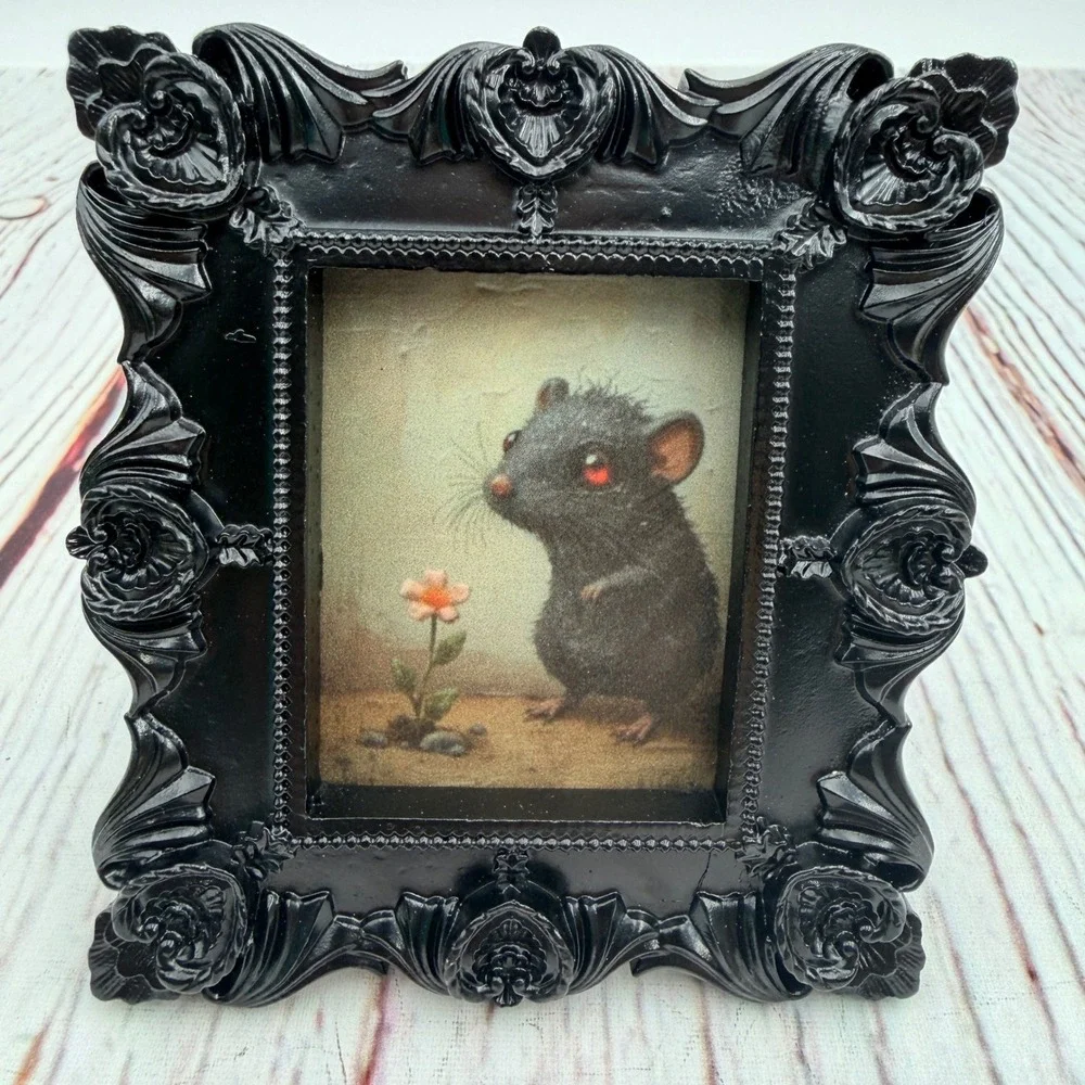 Handcrafted Ornate Black Resin Frame Miniature Mouse Decoupage Art Print